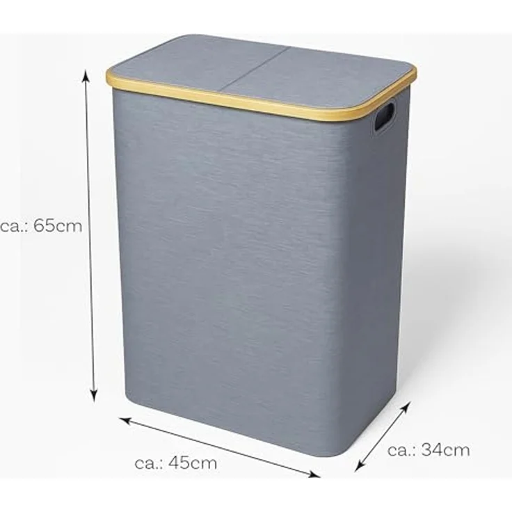 Bestlivings Wäschekorb mit Bambusrahmen inkl. 2 Fächern 54x34x65 cm, 120L, 2-geteilter Deckel, Bezug: 100% Polyester, atmungsaktiv – Bild 2