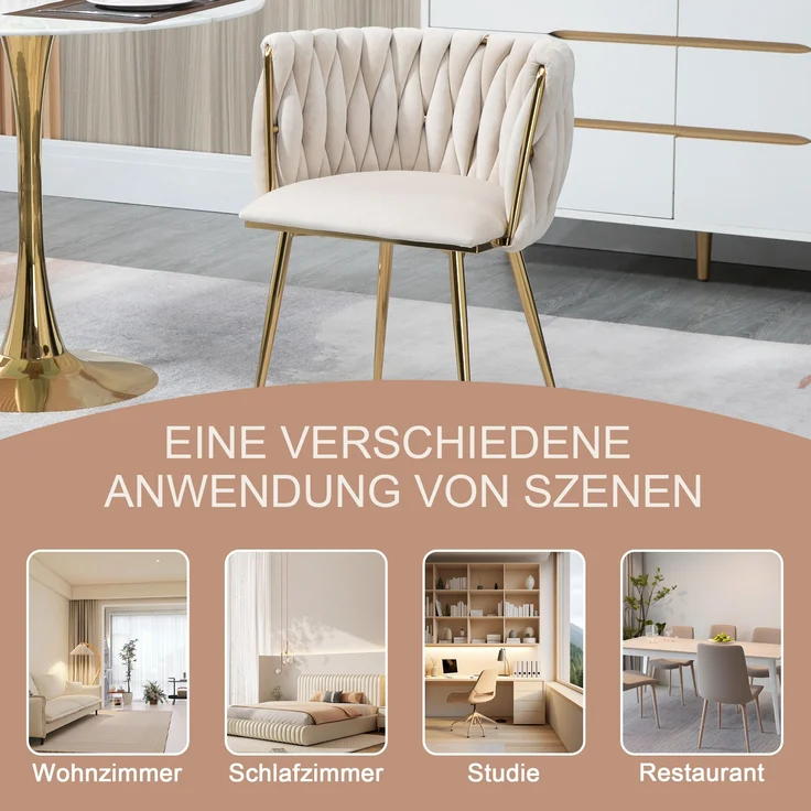 Elfenbein-Farbenes Samt-Esszimmerstuhl-Set (2er) mit goldenen Beinen – Bild 8