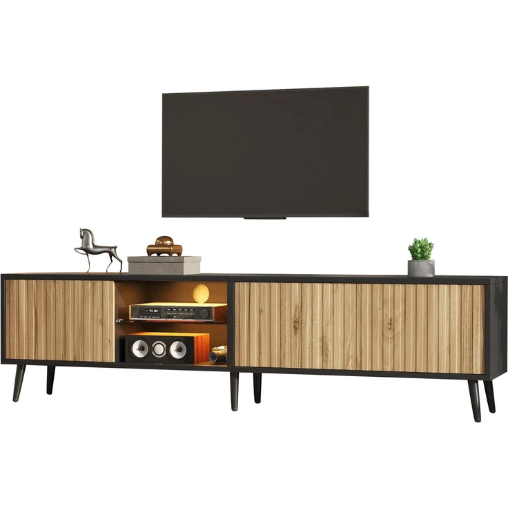 Merax 175cm LED-TV-Schrank für das Wohnzimmer, Naturholzfarbe + Schwarz, lowboard mit 6 Stützbeinen, Schrank aus gehärtetem Glas, 3 Schränke für viel Stauraum, Geeignet für 75-Zoll – Bild 10