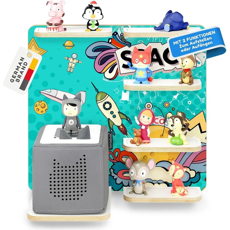 stadtecken Holzregal für Musikbox – Passend für Toniebox & ca. 40 Tonies | Perfekte Aufbewahrung fürs Kinderzimmer | Zum Aufhängen | Erweiterbar (Weltall)