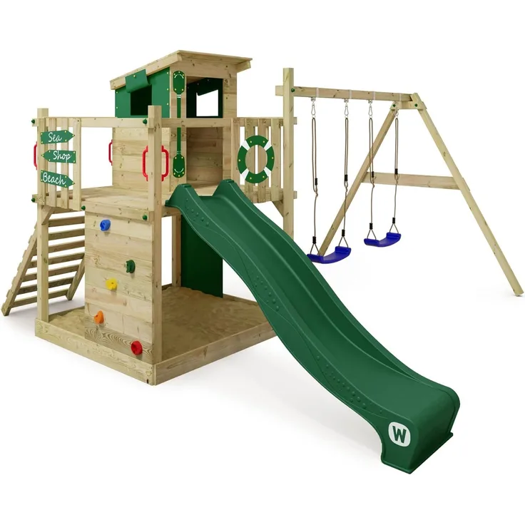 WICKEY Spielturm Klettergerüst 'Smart Camp', mit Schaukel & grüner Rutsche, Baumhaus mit Sandkasten, Kletterleiter & Spiel-Zubehör, ab 3 Jahren