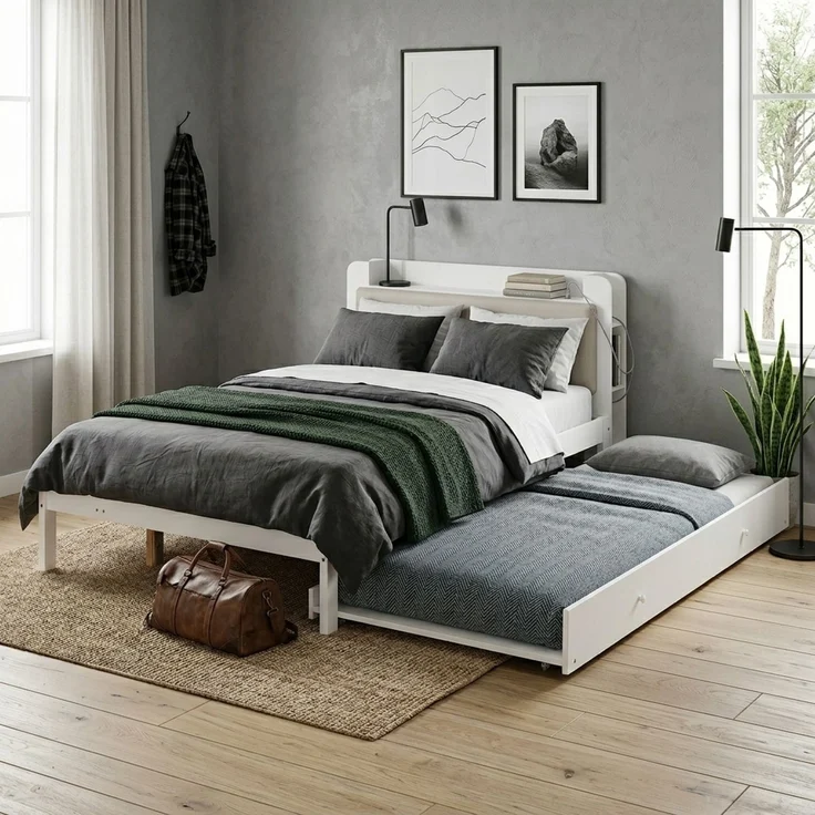 Funktionsbett 120x200 cm Weiß mit Ausziehbett 90x190 cm, Holzbett mit gepolstertem Kopfteil, Kopfteilregal, Ladestation und offenem Stauraum, platzsparendes Gästebett--Weiß--220x125x80cm--YOUDENOVA – Bild 7
