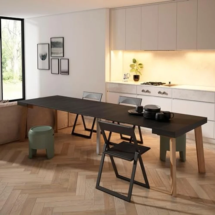 Skraut Home | Ausziehbarertisch | Multifunktionaler ausziehbarer | 300 | Für 14 Gäste | Hölzerne Beine | Moderner Stil | Schwarz – Bild 2