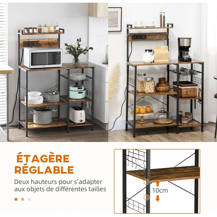 Küchenschrank mit integrierten Steckdosen für Mikrowellen und Regalen, im Industrial-Stil, 90 x 42 x 130 cm, braun – Bild 7