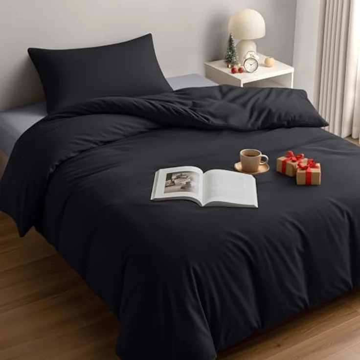 Utopia Bedding Bettwäsche 135x200 Set - Mikrofaser Bettbezug 135x200 cm + 1 Kissenbezug 50x75 cm - Schwarz – Bild 2