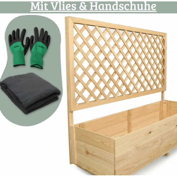 Pflanzkasten mit Rankgitter THIO - Inkl. Vlies & Handschuhe | Hochbeet mit Rankhilfe Blumenkasten für Kletterpflanzen hängende Körbe Pflanzgefäß aus Holz, 128cm Breit – Bild 4