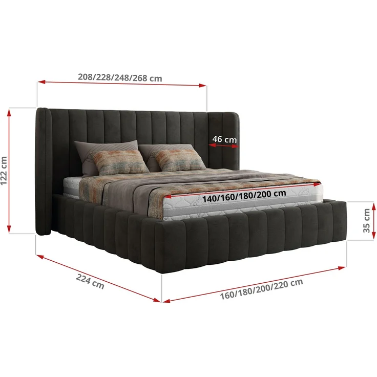 Polsterbett GOLETTA CLASSIC 180 x 200 cm mit gepolstertem Kopfteil, stabilem Bettrahmen, Lattenrost und Bettkasten mit Gasdruckfedern, Doppelbett, zeitloses Design Multipocket Matratze Matratze - Dunkelgrau Velvet - ELORI LUX – Bild 4