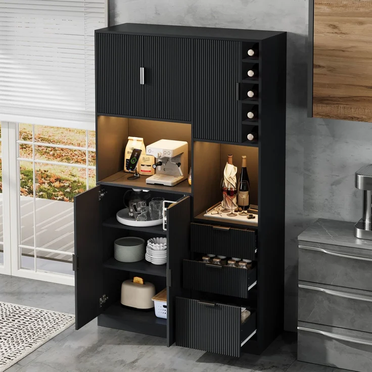 Merax 180cm Küchenschrank, moderner hoher Aufbewahrungs- und Weinschrank mit verstellbaren Einlegeböden, 3 Schubladen, Weinregal, farbwechselnder LED-Beleuchtung und Steckdosen – Bild 2