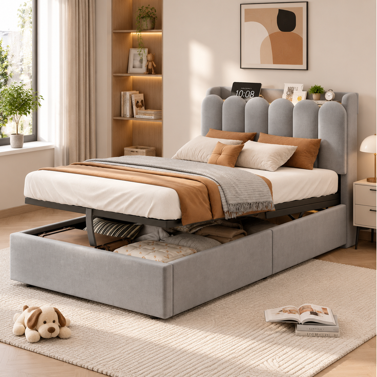 CHICFURN Polsterbett aus Samt grau 90x200 cm mit Bettkasten, LED-Beleuchtung und USB- und Type-C-Anschlüssen – Bild 2