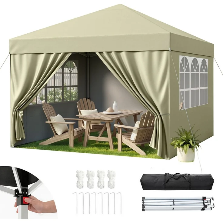 Hawthyhome Faltpavillon 3x3 Pop-Up Partyzelt, wasserdicht & UV50+, One-Touch-Schnellaufbau, 3 Höhenstufen, stabiles Kohlenstoffstahl-Gestell, inkl. 4 Seitenwände & Tragetasche, für Garten, Terrasse & Gartenpartys, Beige – Bild 3