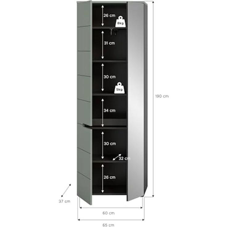 Garderobenschrank >Canu< in Basalt Grau / Smoke Green - 190x65x37cm (BxHxT) – Bild 3