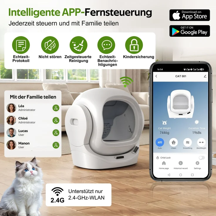 Intelligente automatische Katzentoilette mit App-Steuerung, 68L Großraum, 8L Abfallbehälter, Aromabox, Infrarot-Sicherheit, für 1–2 Katzen, selbstreinigend, leise, kindersicher--Weiß--53x45.5x56.5cm--YOUDENOVA – Bild 4