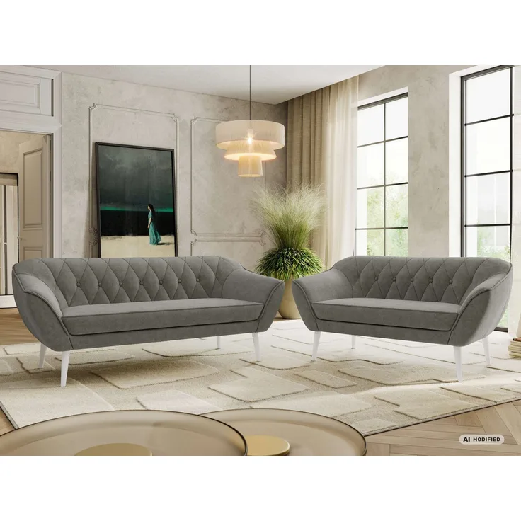 Skandinavisches Sofa Set PIRS 3-2, Komplettset, Wellenfederung, weiße Füße, Sitzgruppe, Polstermöbel Set - Grau Stukture