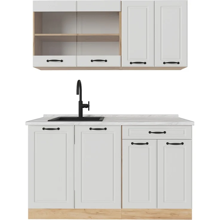 Singleküche R-Line Weiß Landhaus/Goldkraft Eiche 140 cm , AP Marmor Vicco – Bild 1