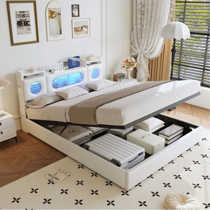 FUROKOY Stauraumbett Polsterbett Doppelbett mit LED-Beleuchtung (Aufklappbares Kopfteil mit Stauraum und Ladeanschluss), Hydraulikbett Funktionsbett, PU, Weiß, 140x200cm