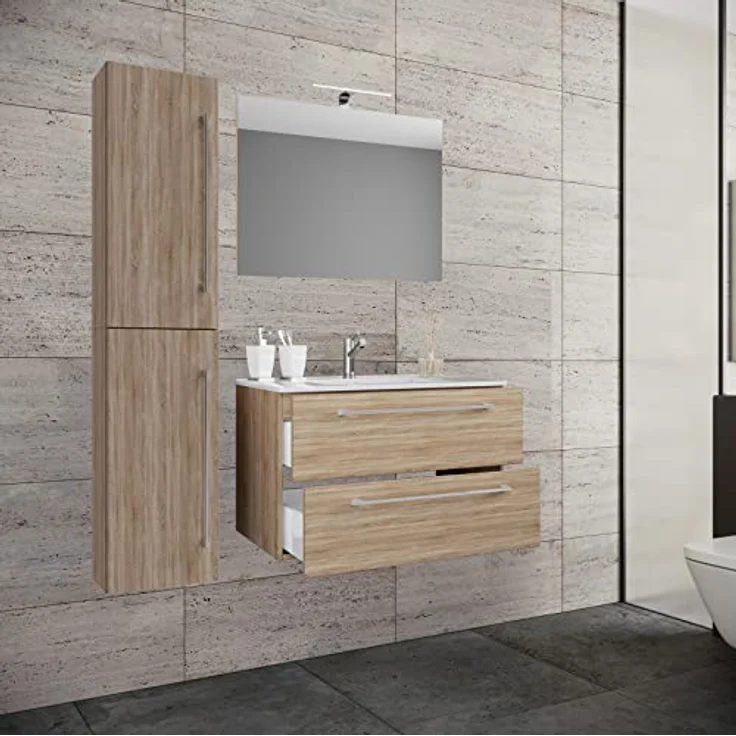 VCM Badmöbelset Badinos, 4-tlg. Waschplatz mit 2 Schubladen, Spiegel aus ESG-Sicherheitsglas, Keramik Waschbecken, Unterschrank 61x46 cm oder 81x46 cm, Hochschrank 151x33x22 cm – Bild 3