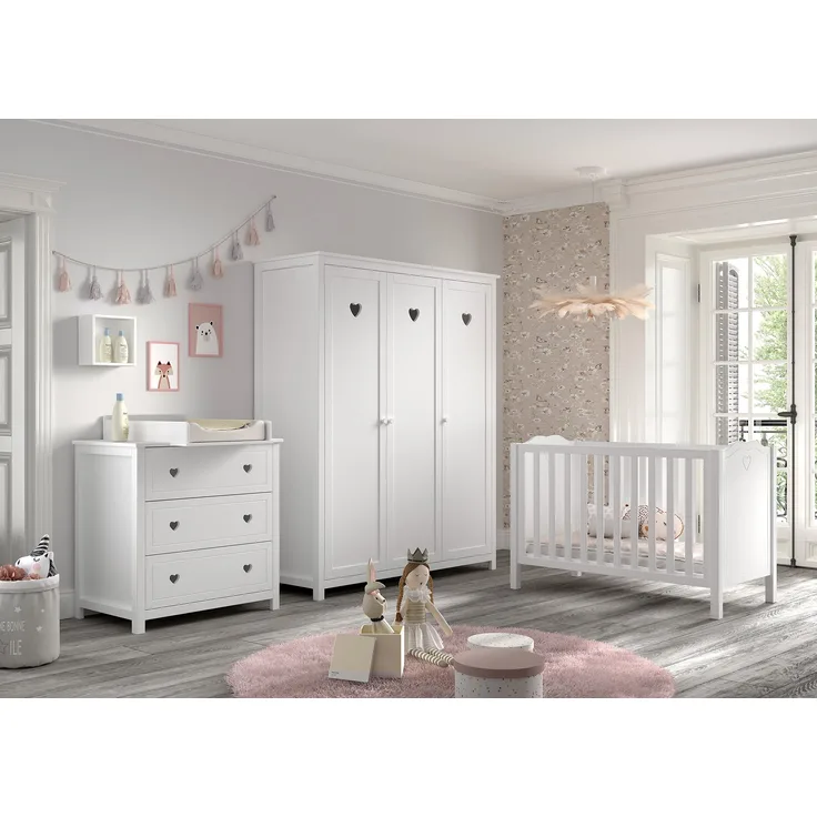 AMORI 4-tlg Set best. aus: Babybett 60x120 cm, Kommode m. 3 Schubladen, Wickelaufsatz, Kleiderschrank 3-trg, weiß lackiert