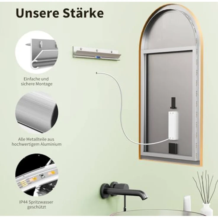 HOKO LED Badspiegel mit Beleuchtung, dimmbar, Touch-Sensor, Memory-Funktion, IP44, bogen 50x90 cm / 60x100 cm, Schwarz/Gold/Weiß – Bild 5