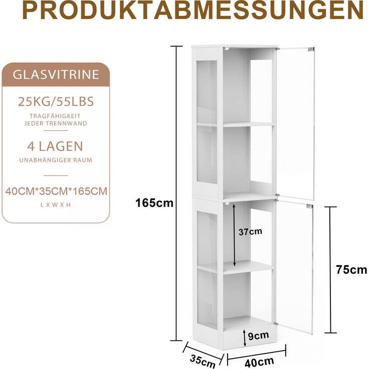 Vierstöckige Glasvitrine mit Stauraum, LED-Beleuchtung, Glastüren und intelligenten Sensoren, Als staubdichte Glasvitrine für Wohnzimmer, Schlafzimmer und Büros geeignet, Weiß. 40*35*165cm--Weiß--40x35x165cm--YOUDENOVA – Bild 9
