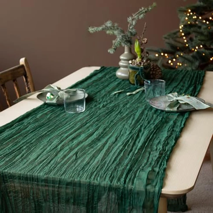 Halbach Seidenbänder Tischläufer | Breite: 70 cm Länge: 3 m | waschbarer Tischläufer für Hochzeiten, Geburtstage oder Tischdeko | schmale Tischdecke in Baumwoll-Optik | Farbe: olivgrün – Bild 8