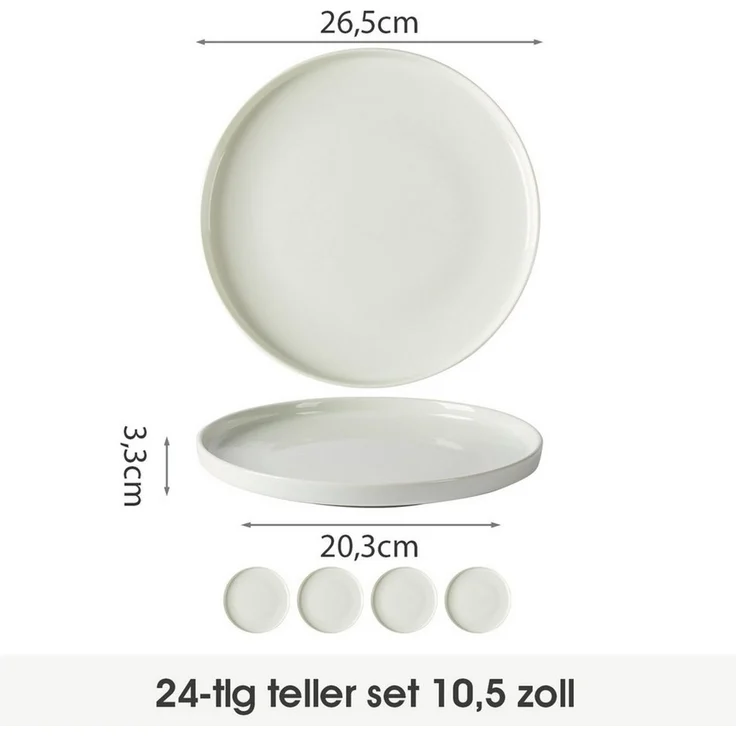 JIWOO Teller 4er Ø26,5cm, Frühstücksteller Salatteller Steakteller Dessertteller, (24 St), Keramik Tellerset Weiß Mikrowellen spülmaschinenfest Ø26,5 cm – Bild 2