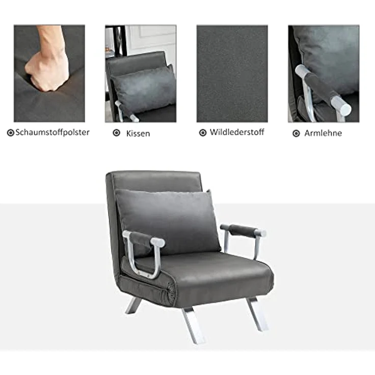 HOMCOM Sessel mit Armlehne, 3-in-1 Gästebett, Klappmatratze, Klappbett (Schlafsessel, 1-St, Schlafsofa), für Wohnzimmer, Hellgrau – Bild 7