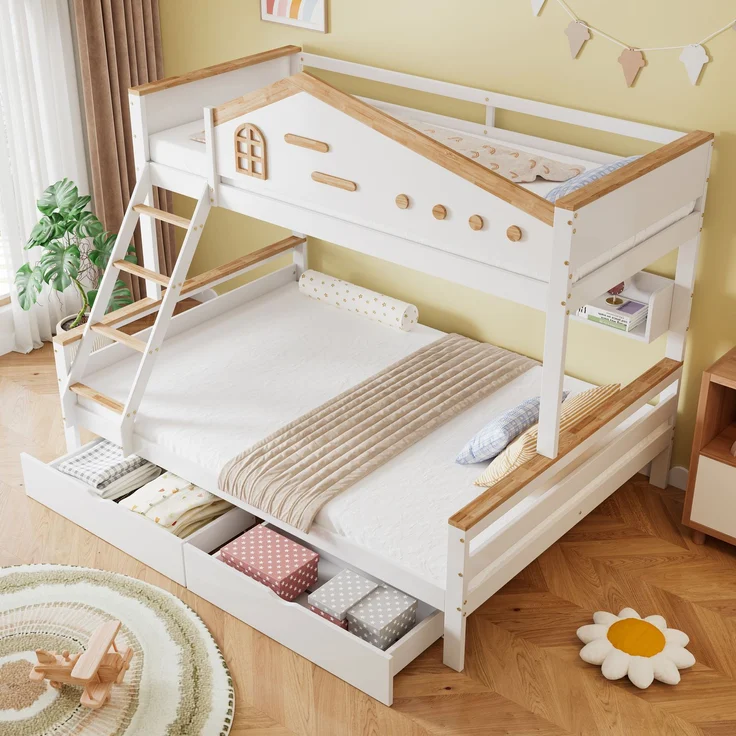 Etagenbett 90×200 & 140×200 – Offenes Regal, 2 Schubladen, vierstufige Schrägleiter, rundum Fallschutz,Massivholz & MDF – Weiß & Natur – Bild 2