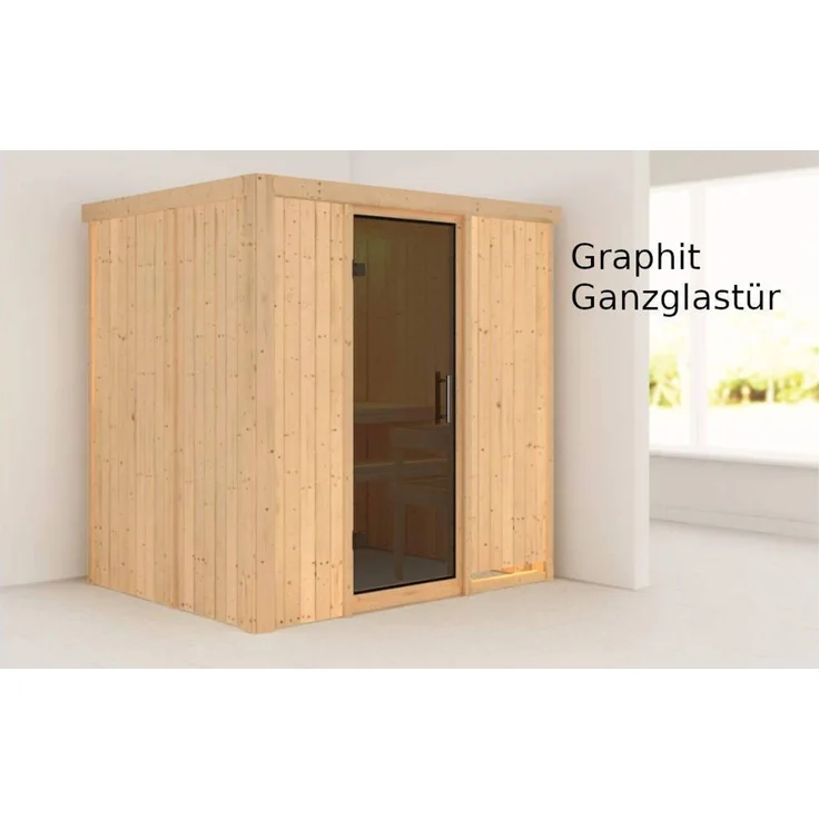 Karibu Sauna Bodin + 9kW Saunaofen mit integrierter Steuerung Graphit-Ganzglastür – Bild 6
