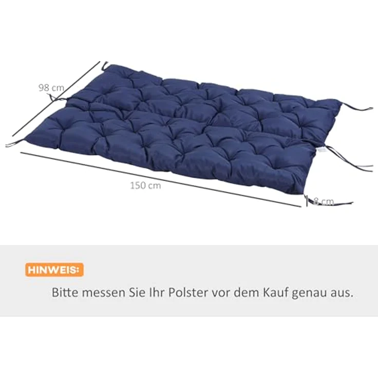 Outsunny Bankauflage 3 Sitzer, 150 x 98 x 8 cm, mit Bändern, Outdoor/Indoor, (Set, 1 St, 1 Sitzkissen), für Gartenmöbel, Fensterbank Sitzbank, Hollywoodschaukel, Blau – Bild 8