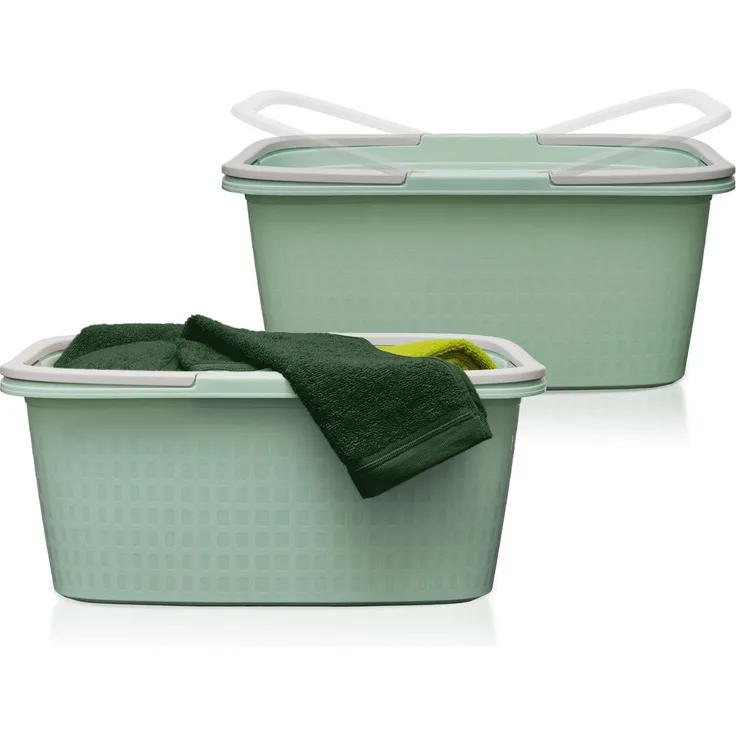 Hausfelder Wäschekorb Wäschewanne 58 x 37 x 25 cm (Jadegrün, 2 Wannen, 35 l) (Set, 2 St, 2 x Wäschewannen), mit klappbaren Henkeln, mit Griffen, 35 Liter
