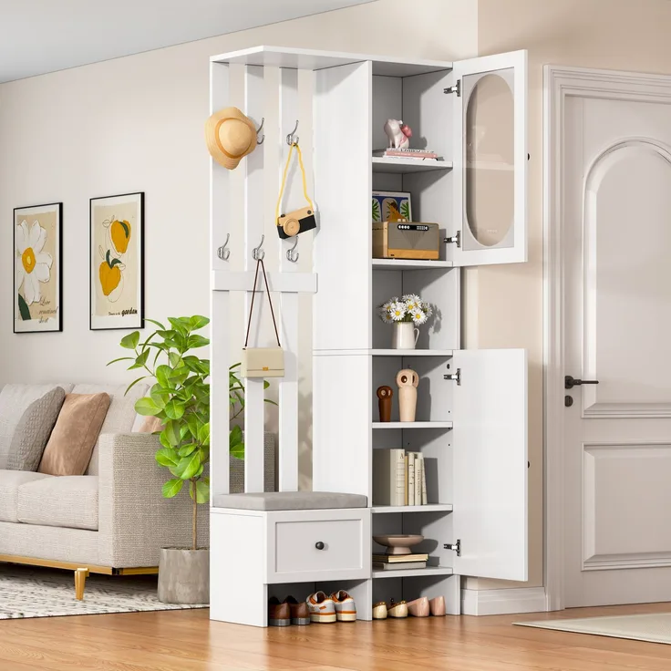 85*33.5*200cm Kompaktgarderoben,Startseite Möbel Mit 2 Schränken,Aufbewahrungsschrank aus gehärtetem Glas, Garderoben-Set Weißer Eingangsschrank, Garderobenständer mit Schuhbank und Polster--Weiß--85x33.5x200cm--YOUDENOVA