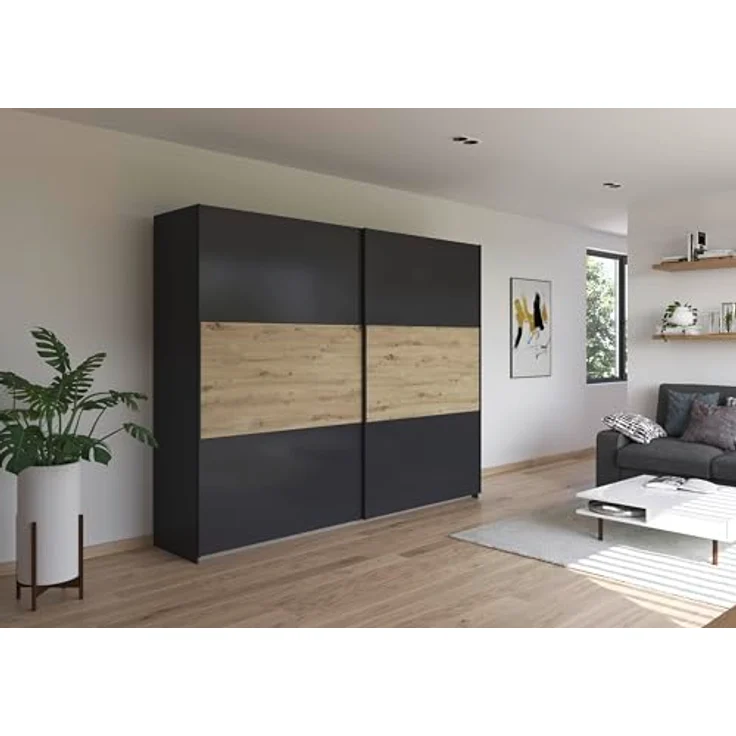 Rauch Möbel Neo, Schwebetürenschrank, Kleiderschrank, Kleiderschränke, Garderobe, Schrank mit Stauraum, 2-türig, Farbe Grau-metallic/Eiche Artisan, 261 x 210 x 59 cm – Bild 3
