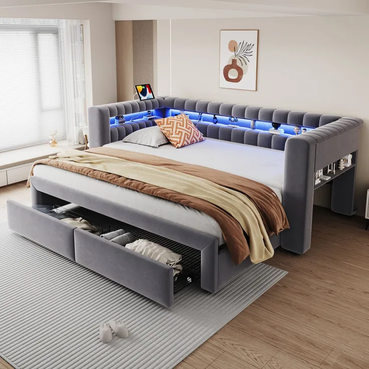 Ausziehbett 90/180×190 cm mit Bettkasten, LED, USB-Anschluss, Grau, ohne Matratze