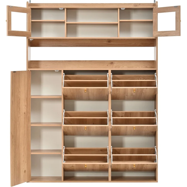 ZUBALIYA Schuhschrank (130 x 25 x 180 cm), 6 Klappfächer, LED - Beleuchtung, Stauraum für Flur und Eingangsbereich, Naturfarben – Bild 21