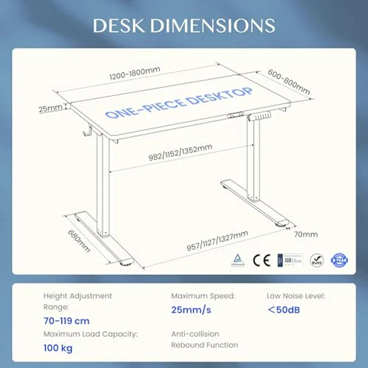 FLEXISPOT Höhenverstellbarer Schreibtisch mit 2 Motoren & 25MM EINTEILIGER Tischplatte 120x80 cm, Ergonomischer Bürotisch Elektrisch mit Kabelmanagement, Memory Funktion & Höhenanzeige – Bild 3
