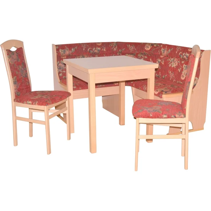 Kleine Eckbankgruppe "Anja 1B", buche / Stoff rot mit Blumendessin