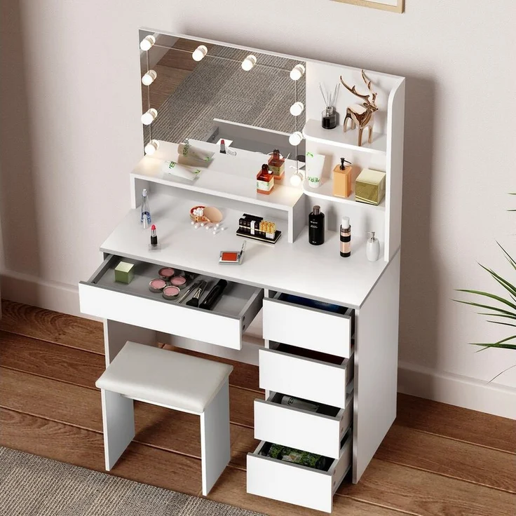 oyajia Schminktisch Schminktisch mit LED-Beleuchtung, Spiegel und Hocker, 94x40x140 cm (Frisiertisch Kosmetiktisch Hollywood, Set), für kleine bis mittelgroße Räume geeignet ist – Bild 2