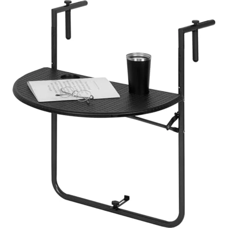 WOLTU Balkonhängetisch, Balkontisch zum Hängen, Hängetisch klappbar Beistelltisch Gartentisch, Klapptisch mit 3 Höhen, 2 Tassenhalterungen, in Rattan-Optik, 59,5x39 cm Schwarz – Bild 1