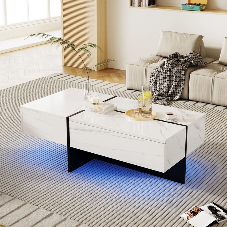 Couchtisch, Spanplatte in Hochglanz marmorähnlicher Optik mit LED-Beleuchtung & 3 Schubladen, 100x50x34,5 cm, Weiß – Bild 1
