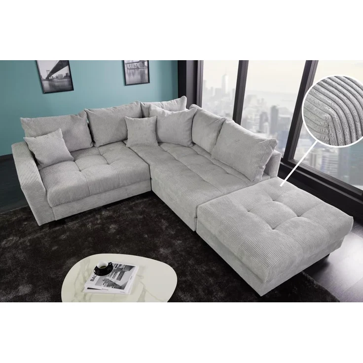 riess-ambiente Ecksofa KENT 220cm hellgrau / schwarz, Einzelartikel 1 Teile, Wohnzimmer · Cord · mit Federkern · inklusive Hocker · L-Form · Modern – Bild 2