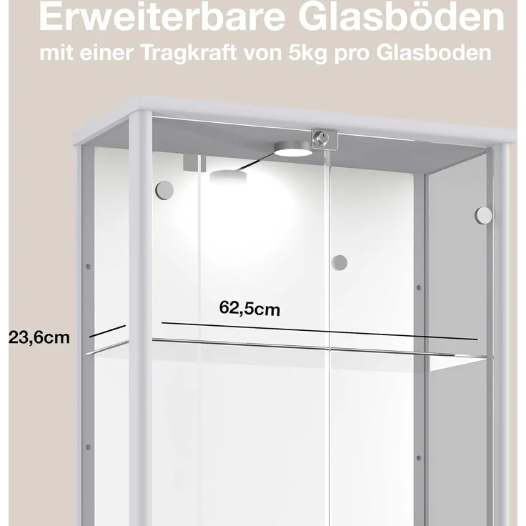 K-Mbel Glas Vitrinenschrank 2-trig (176x67x33cm) - Made in Germany - Standvitrine Silber / Alu mit 4 hhenverstellbaren Glasbden, Spiegel, Schloss & LED - Glasvitrine Stehend - Sammler – Bild 5