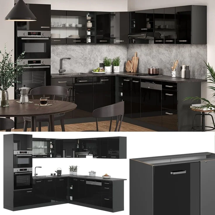 Eckküche R-Line Schwarz Hochglanz/Anthrazit 247 x 237 cm ohne Arbeitsplatte Vicco – Bild 4