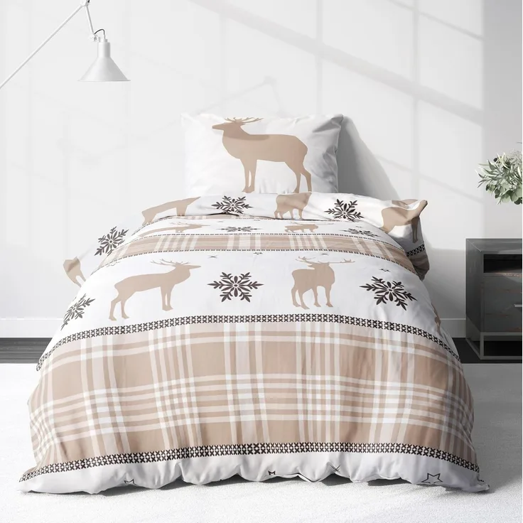 LINKHOFF Bettwäsche Biber Bettwäsche 135x200cm Christmas Sand Creme - 100% Baumwolle, Weihnachtsbettwäsche Beige, Winterbettwäsche, Weihnachten, Hirsch
