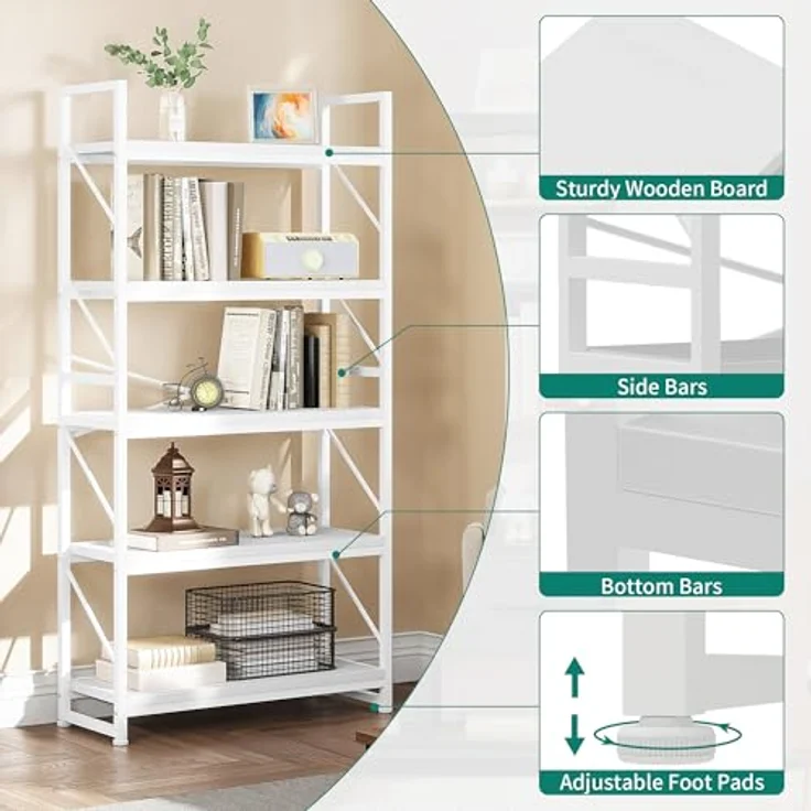 YITAHOME Bücherregal mit 5 Ebenen, Großes Standregal, Holzregal und Metallrahmen, Industrieregal, Bodenstehendes Lagerregal, für Wohnzimmer, Home Office, Weiß Regal – Bild 6