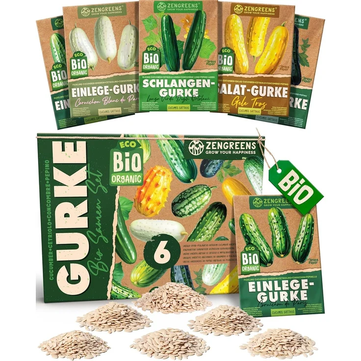 ZenGreens® - Bio Gurkensamen im 6er Set - 6 Gurken Samen für den einfachen Anbau im Garten, Balkon oder Hochbeet - Pflanzensamen - Saatgut – Bild 1