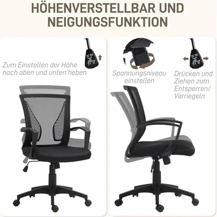 HOMCOM Ergonomischer Bürostuhl, Schwarz, Drehstuhl mit verstellbarer Rückenlehne und atmungsaktivem Netzrücken, 62x102x60 cm – Bild 5