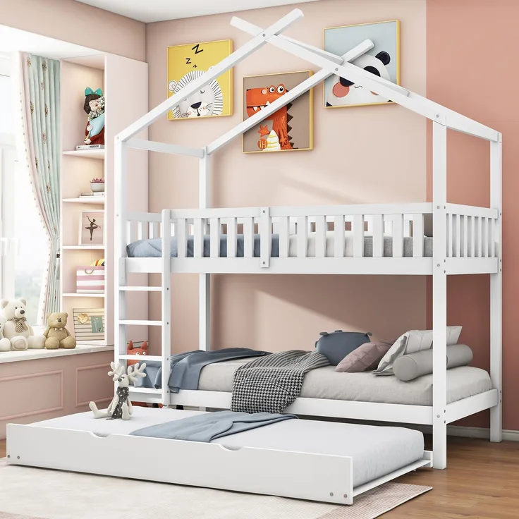 Etagenbett 90×200 cm aus Kiefernholz mit Ausziehbett, weiß