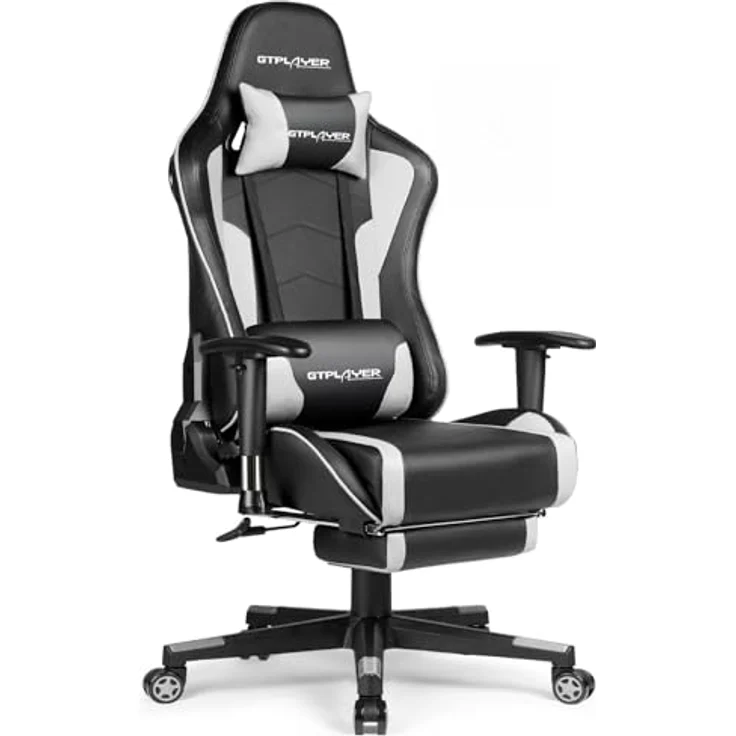 GTPLAYER Gaming Stuhl Gamer Stuhl mit Fußstütze Bluetooth Lautsprecher Ergonomischer Bürostuhl Computerstuhl Schreibtischstuhl PC Stuhl mit verstellbare Rückenlehne 150 kg Belastbarkeit weiß – Bild 2