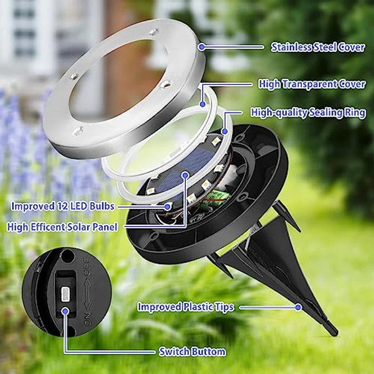 GIGALUMI Solar Bodenleuchten 12 LEDs 8 Stück Solarleuchten Warmweiß Gartenleuchten Edelstahl Wasserdicht für außen, Garten, Terrasse, Rasen, Hof, Gehweg – Bild 5