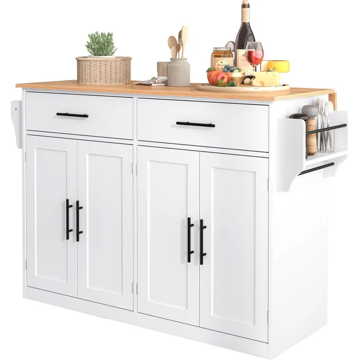 Servierwagen 120x46x91 cm mit klappbarer Tischplatte, Rollen und austauschbaren Holzfüßen, Kücheninsel und Sideboard, Weiß & Natur
